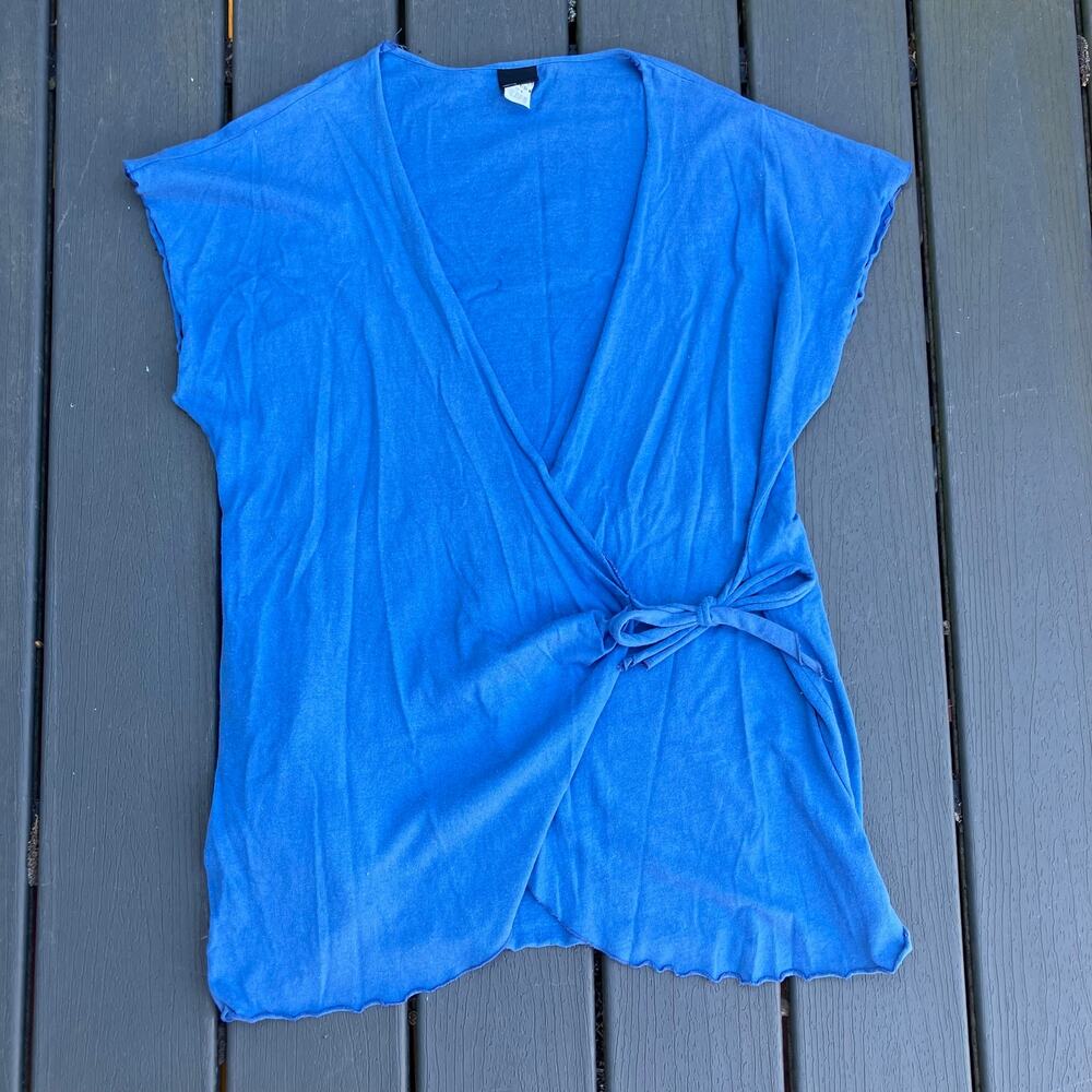 Vintage 80s blue surplice wrap top with cap sleeves, lettuce hem